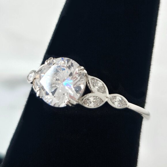 Classic Engagement Style Round Halo ring with leaf band,  925 Sterling Silver - Picture 1 of 6